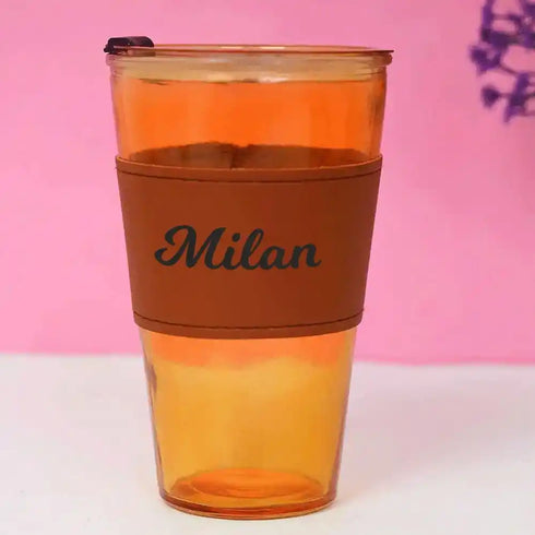 Personalized Glass Sipper with Leather Sleeve - Brown